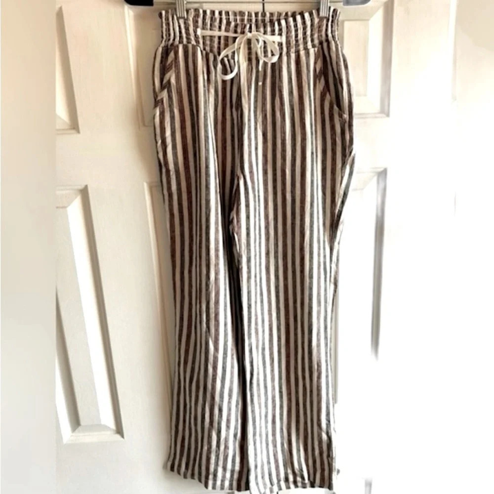 Love Tree Striped Linen Blend Wide Leg Coastal Boho Drawstring Pants Size M